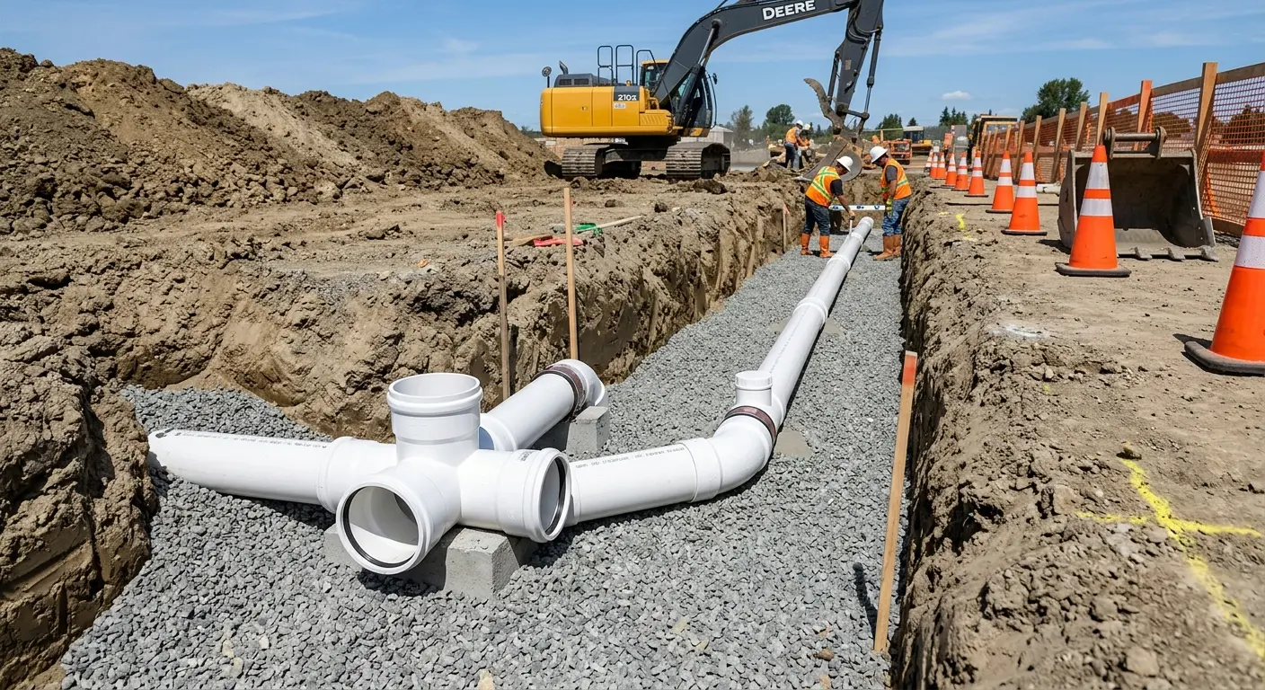 New PVC sewer pipe installation in open trench for Commercial Drain Cleaning in Winslow