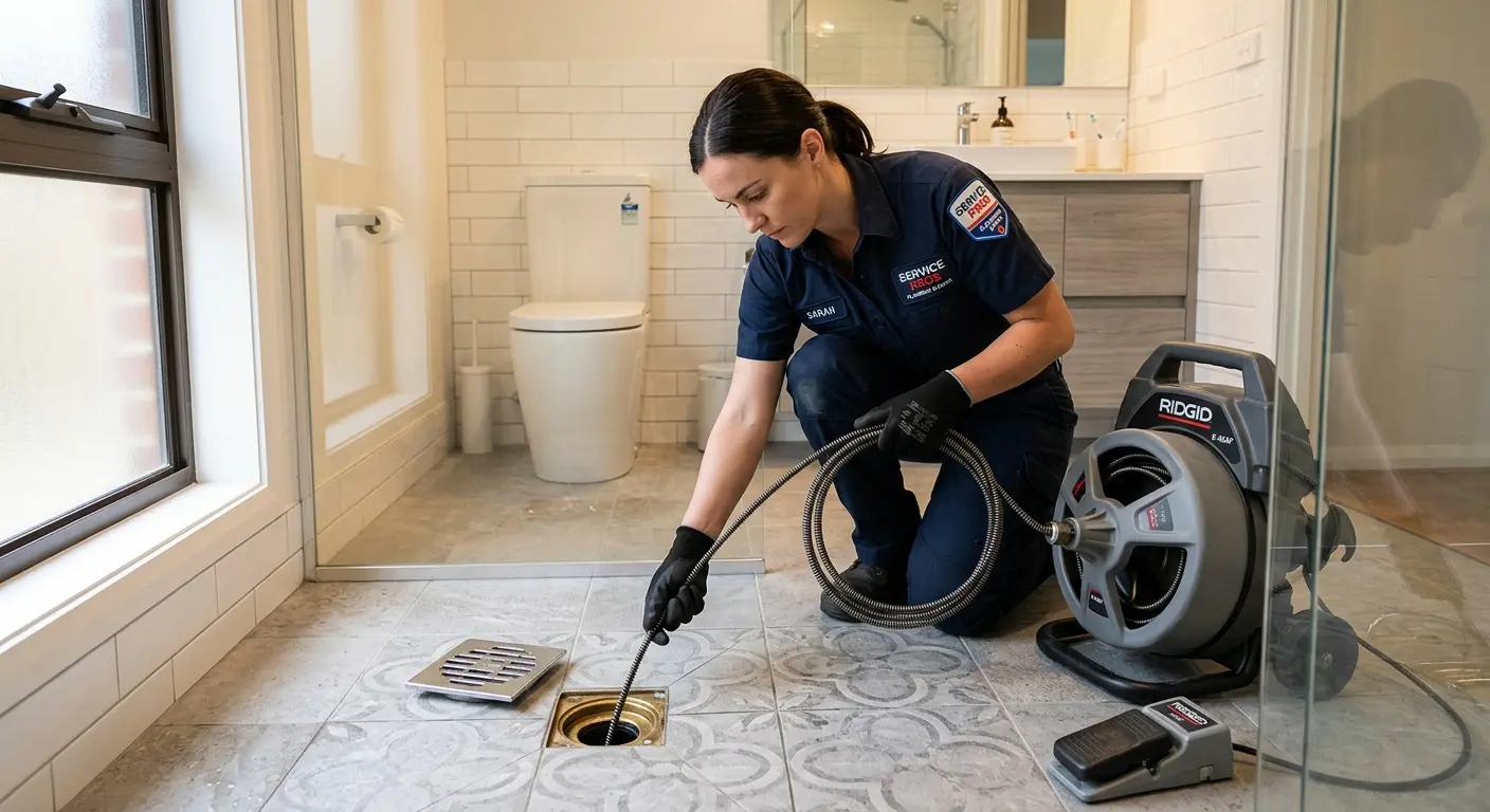Technician clearing a bathroom floor drain for Sewer Line Installation in Winslow